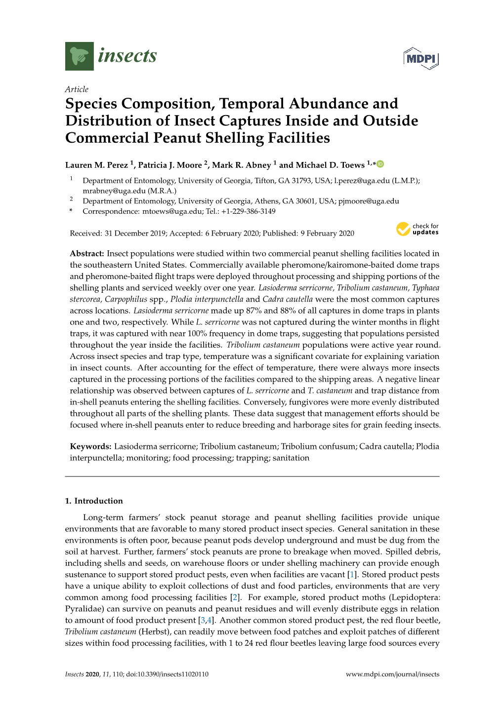 Species Composition, Temporal Abundance and Distribution of Insect Captures Inside and Outside Commercial Peanut Shelling Facilities