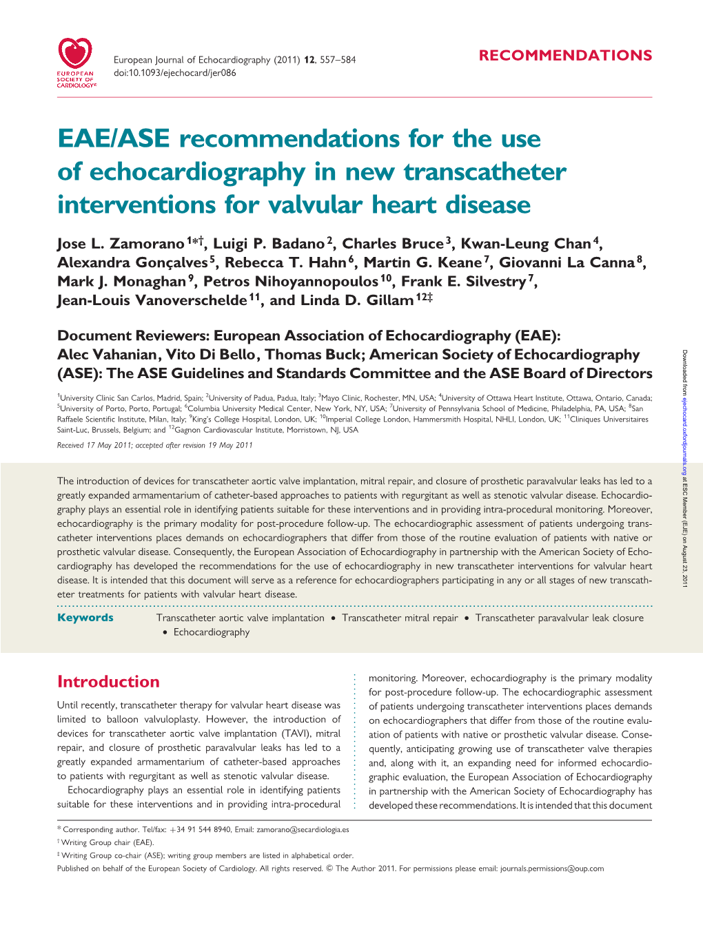 EAE/ASE Recommendations for the Use of Echocardiography in New Transcatheter Interventions for Valvular Heart Disease