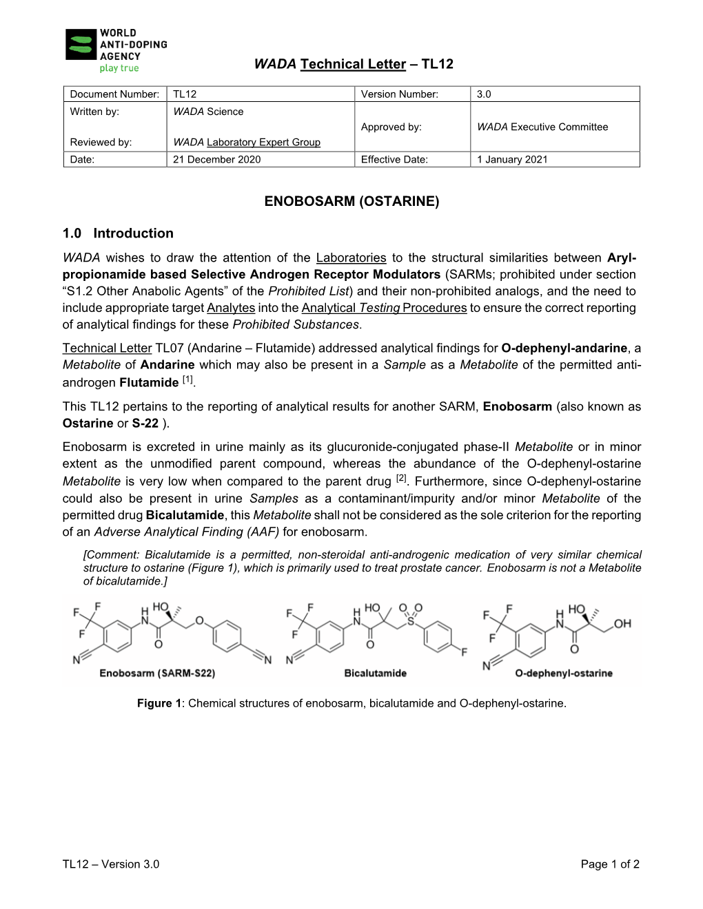 WADA Technical Letter – TL12 ENOBOSARM (OSTARINE) 1.0