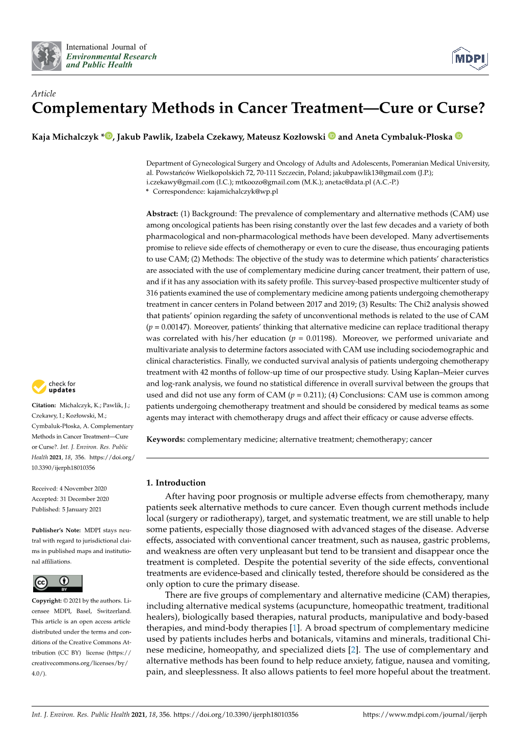 Complementary Methods in Cancer Treatment—Cure Or Curse?