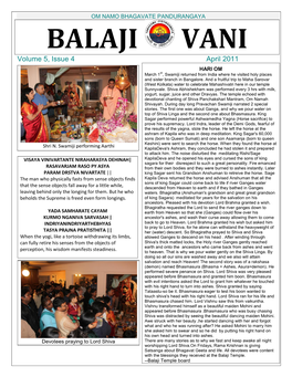 OM NAMO BHAGAVATE PANDURANGAYA BALAJI VANI Volume 5, Issue 4 April 2011