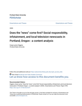 Does the "News" Come First? Social Responsibility, Infotainment, and Local Television Newscasts in Portland, Oregon