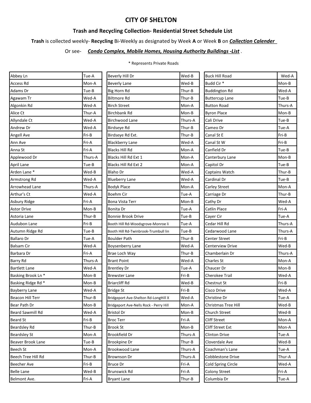 Residential Street Schedule