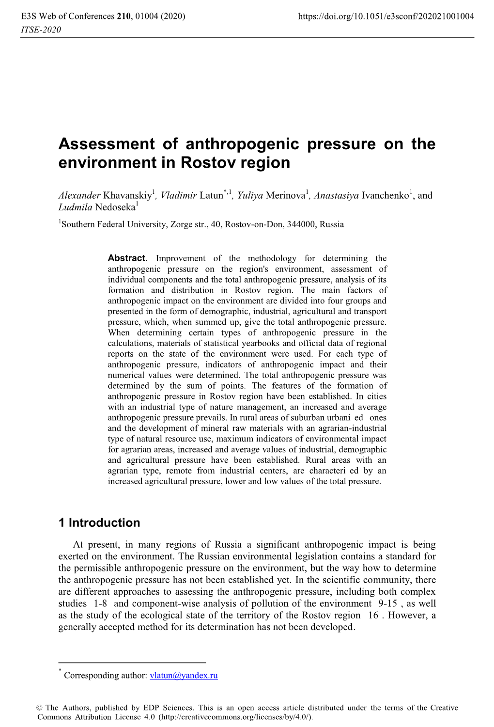 Assessment of Anthropogenic Pressure on the Environment in Rostov Region