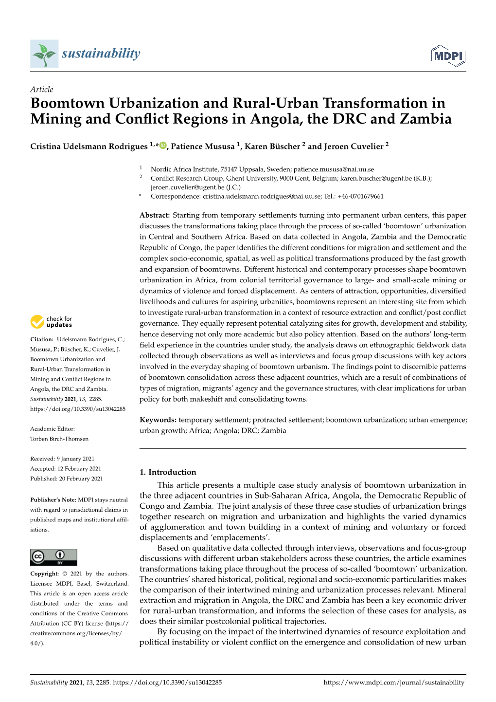 Boomtown Urbanization and Rural-Urban Transformation in Mining and Conﬂict Regions in Angola, the DRC and Zambia