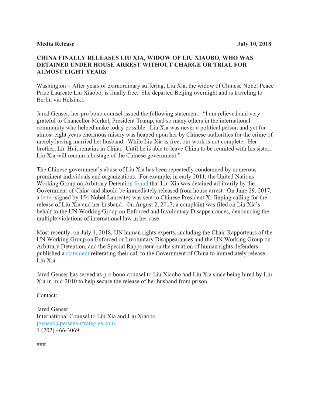 Media Release Announcing China Finally Releases Liu