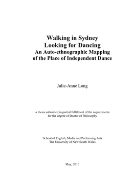 Walking in Sydney Looking for Dancing an Auto-Ethnographic Mapping of the Place of Independent Dance