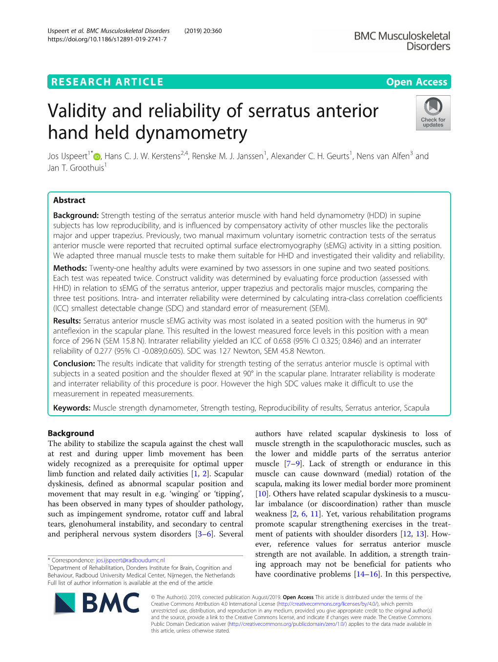 Validity and Reliability of Serratus Anterior Hand Held Dynamometry Jos Ijspeert1* , Hans C