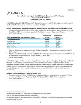 Darden Restaurants Reports Fiscal 2021 Fourth Quarter and Full Year Results; Increases Quarterly Dividend; and Provides Fiscal 2022 Outlook