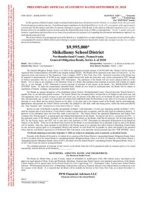 $9,995,000* Shikellamy School District Northumberland County, Pennsylvania General Obligation Bonds, Series a of 2020