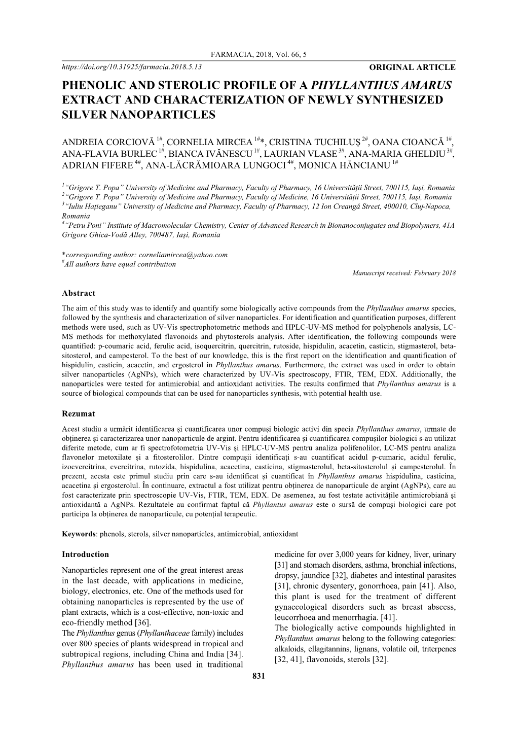 Phenolic and Sterolic Profile of a Phyllanthus Amarus Extract and Characterization of Newly Synthesized Silver Nanoparticles