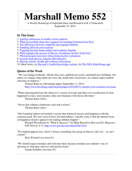 Marshall Memo 552 a Weekly Round-Up of Important Ideas and Research in K-12 Education September 15, 2014