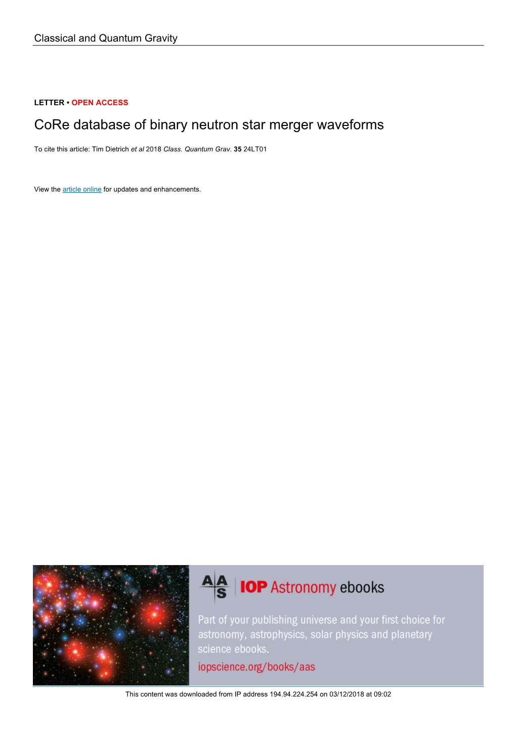 Core Database of Binary Neutron Star Merger Waveforms