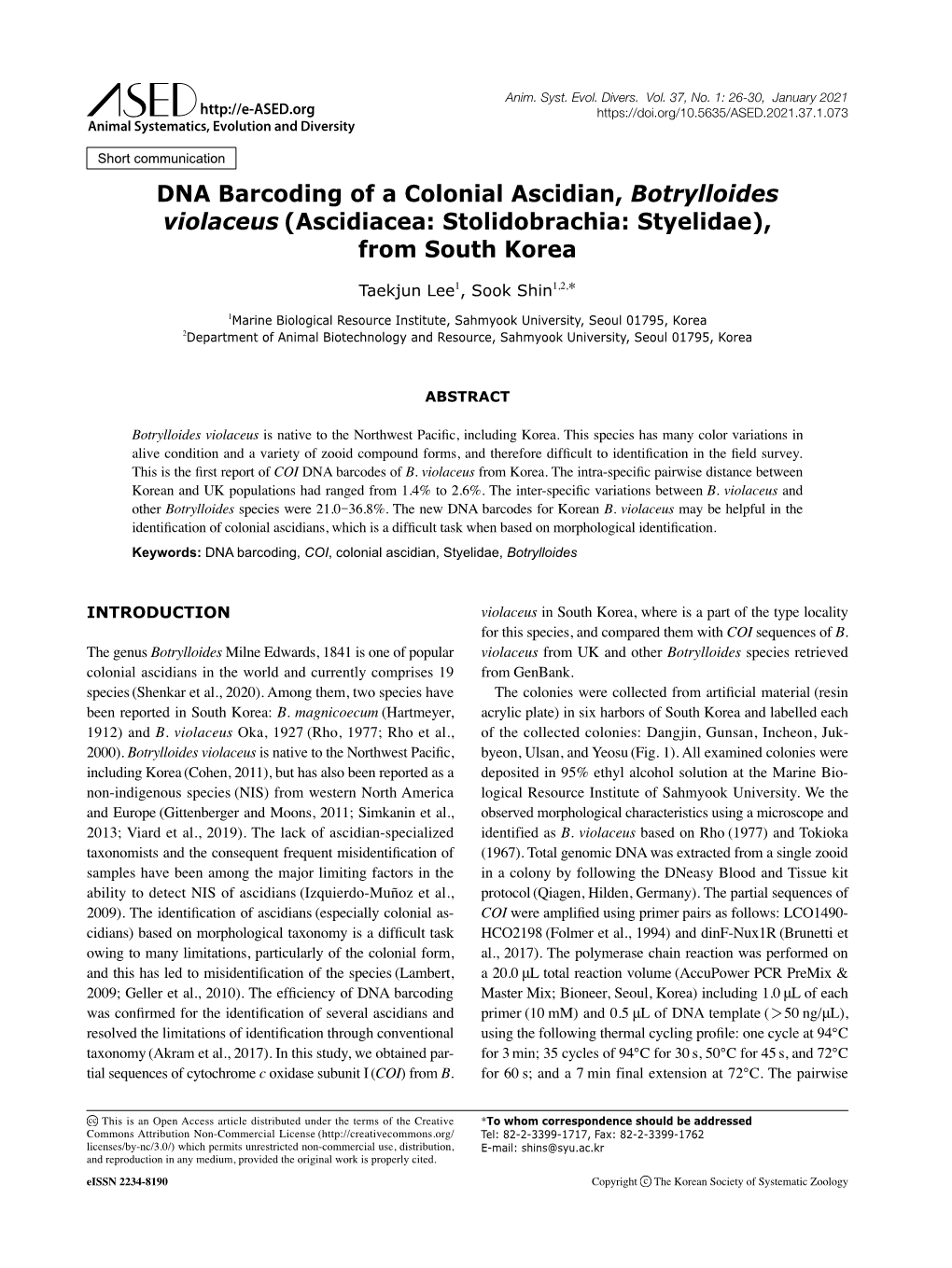 DNA Barcoding of a Colonial Ascidian, Botrylloides Violaceus (Ascidiacea: Stolidobrachia: Styelidae), from South Korea