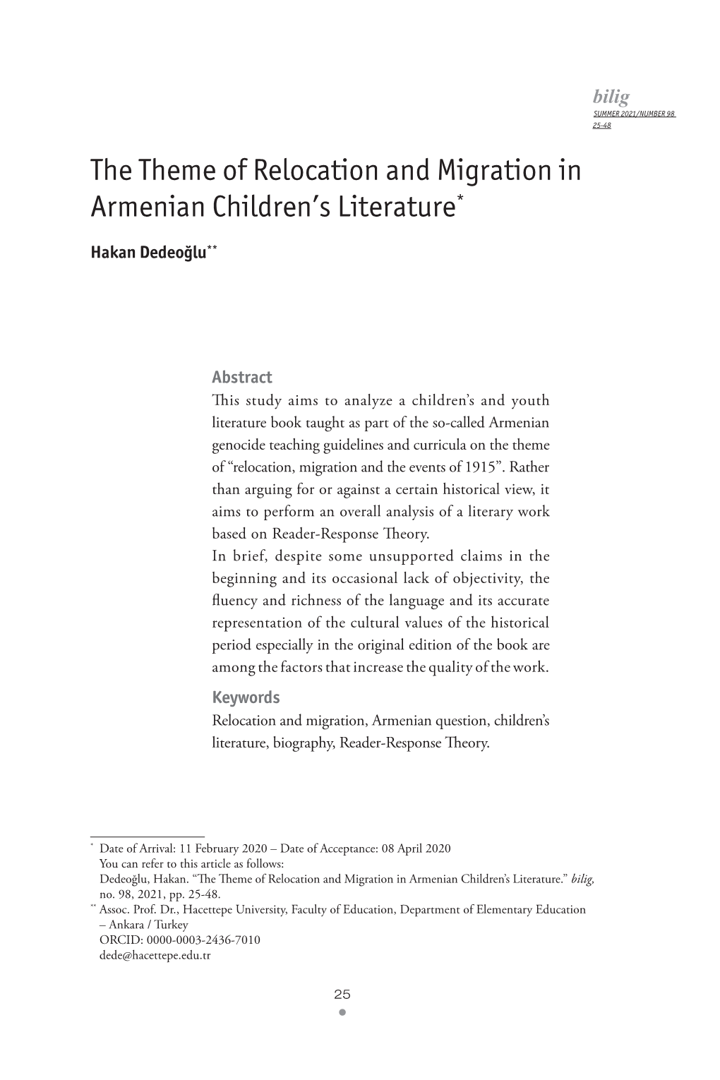 The Theme of Relocation and Migration in Armenian Children's