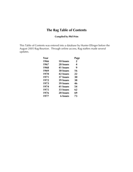 The Rag Table of Contents