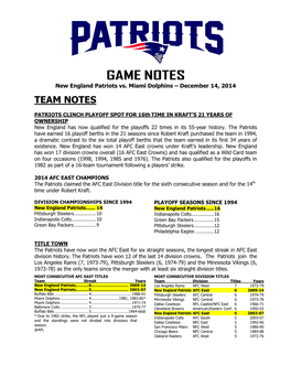 Patriots at Philadelphia Game Notes