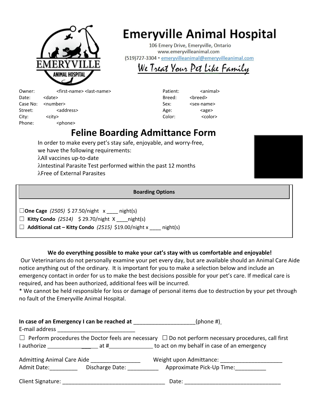 Feline Boarding Admittance Form