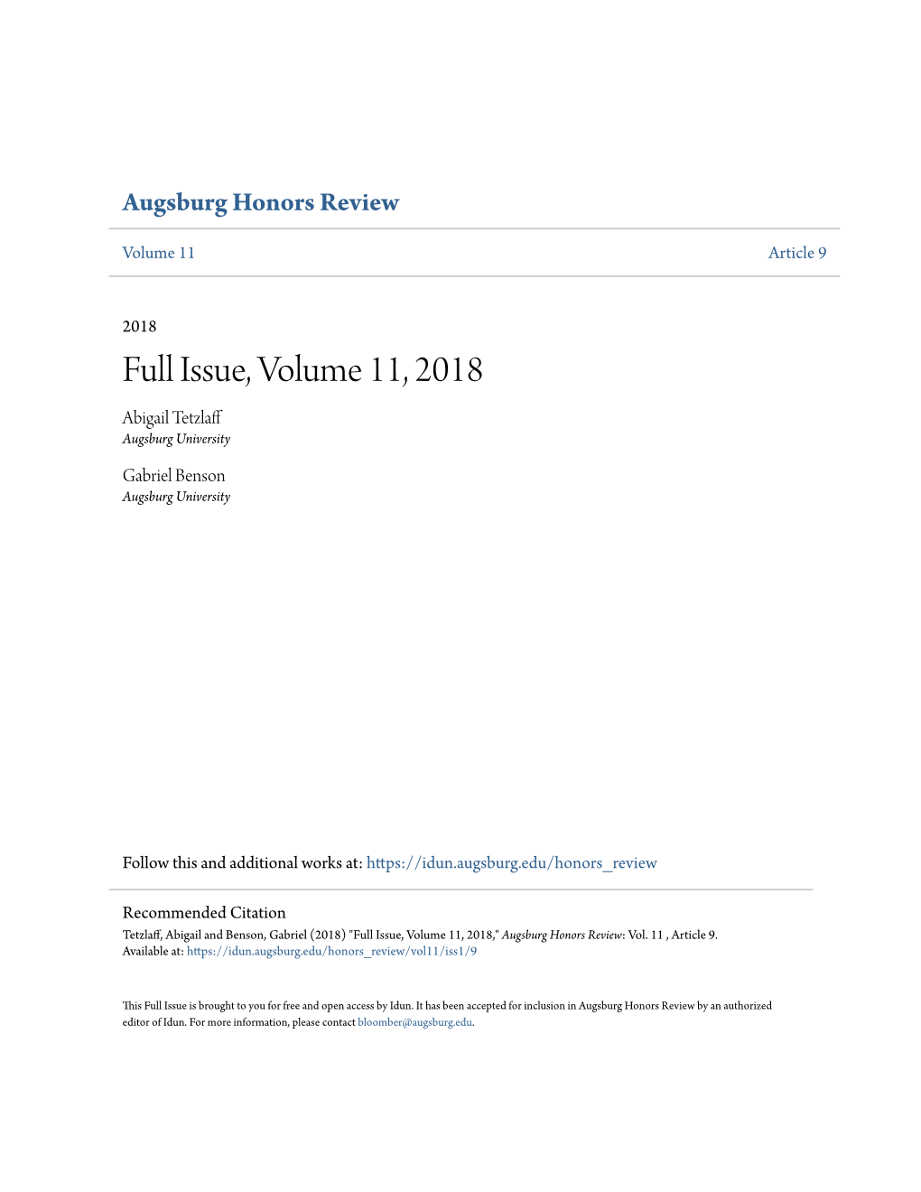 Full Issue, Volume 11, 2018 Abigail Tetzlaff Augsburg University