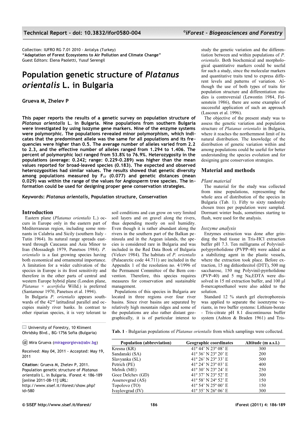 (2011). Population Genetic Structure of Platanus Orientalis L. in Bulgaria