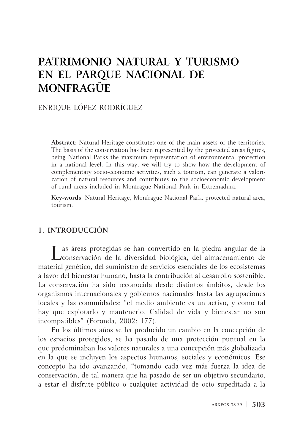 Patrimonio Natural Y Turismo En El Parque Nacional De Monfragüe, Enrique López Rodríguez