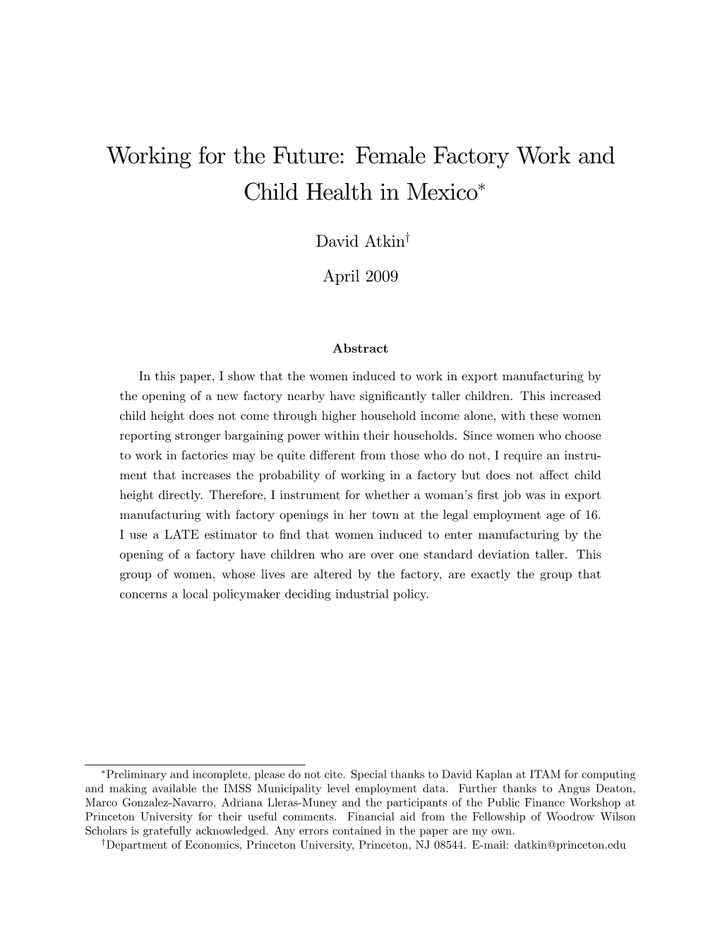 Working for the Future: Female Factory Work and Child Health in Mexico