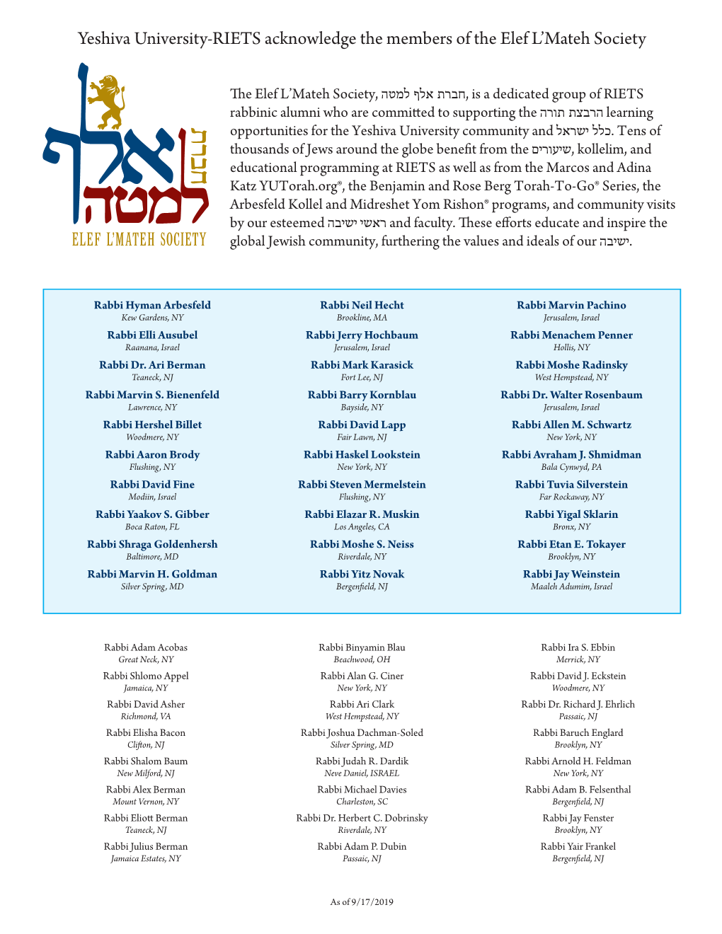 Yeshiva University-RIETS Acknowledge the Members of the Elef L’Mateh Society