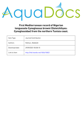 First Mediterranean Record of Nigerian Tonguesole Cynoglossus Browni (Osteichthyes: Cynoglossidae) from the Northern Tunisia Coast