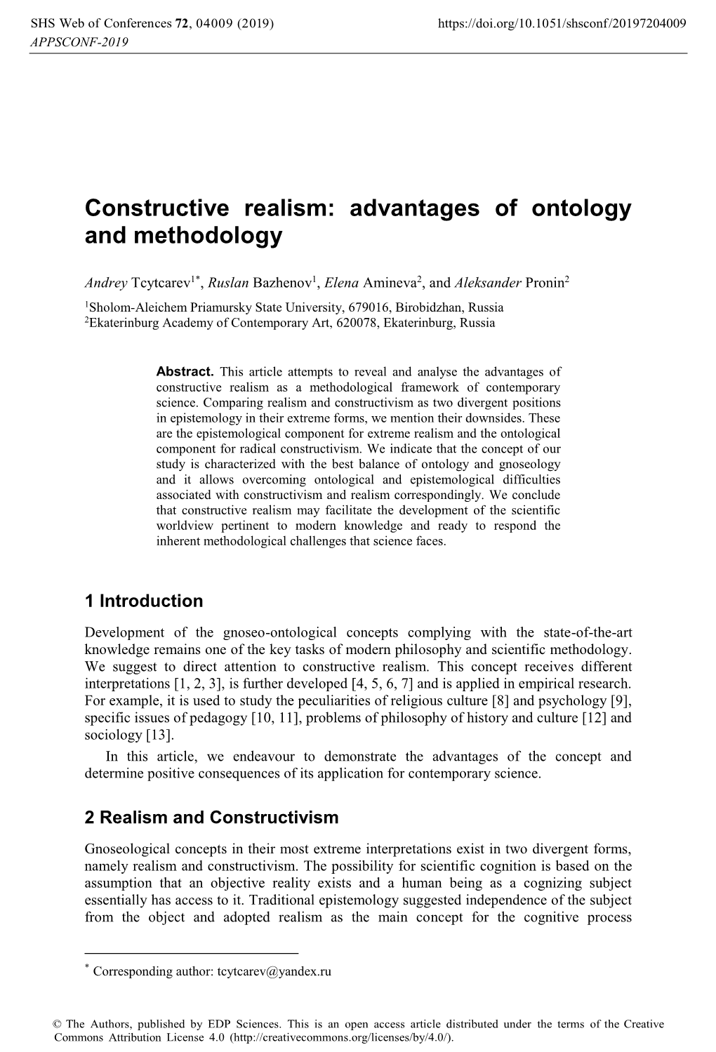 Constructive Realism: Advantages of Ontology and Methodology