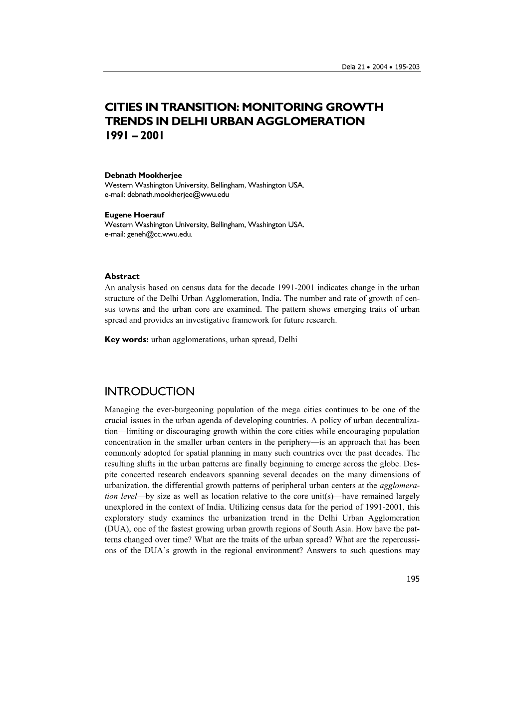 Cities in Transition: Monitoring Growth Trends in Delhi Urban Agglomeration 1991 – 2001