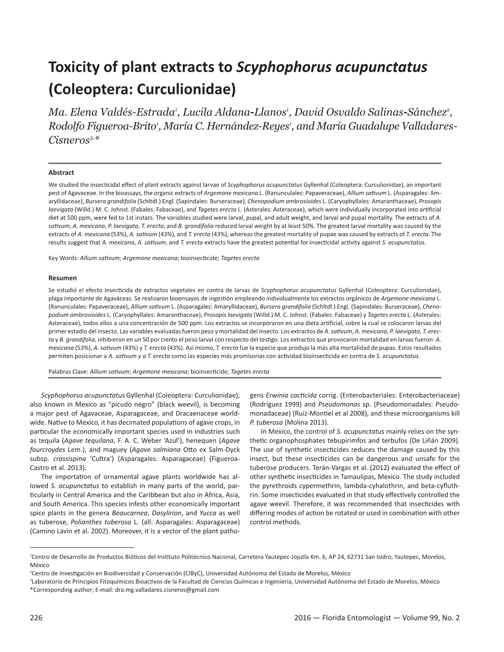 Toxicity of Plant Extracts to Scyphophorus Acupunctatus (Coleoptera: Curculionidae) Ma