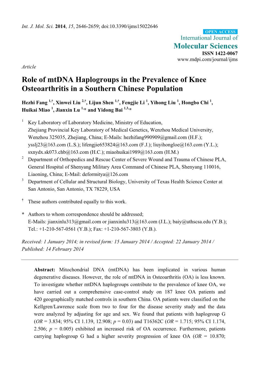 Role of Mtdna Haplogroups in the Prevalence of Knee Osteoarthritis in a Southern Chinese Population