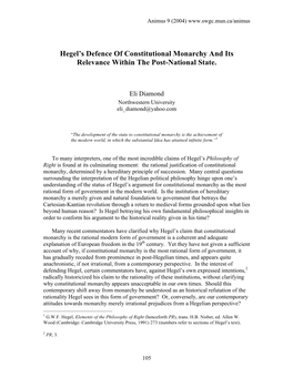 Eli Diamond, Hegel's Defence of Constitutional Monarchy and Its