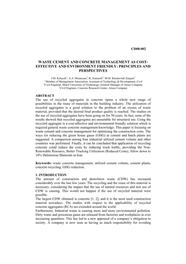 Waste Cement and Concrete Management As Cost- Effective and Environment Friendly: Principles and Perspectives