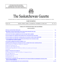 Sask Gazette, Part I, Apr 25, 2008