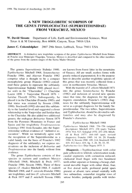 A New Troglobitic Scorpion of the Genus Typhlochactas (Superstitionidae) from Veracruz, Mexico