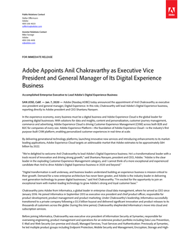 Adobe Appoints Anil Chakravarthy As Executive Vice President and General Manager of Its Digital Experience Business