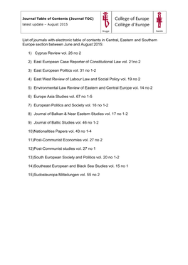 List of Journals with Electronic Table of Contents in Central, Eastern and Southern Europe Section Between June and August 2015