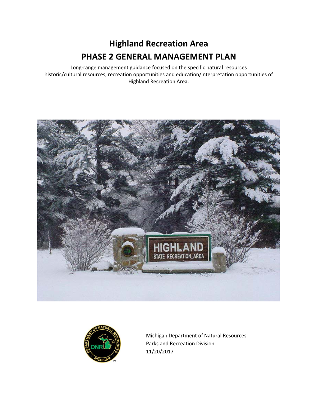 Highland Recreation Area General Management Plan