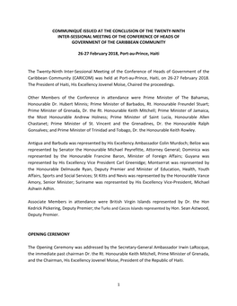 Communiqué Issued at the Conclusion of the Twenty-Ninth Inter-Sessional Meeting of the Conference of Heads of Government of the Caribbean Community