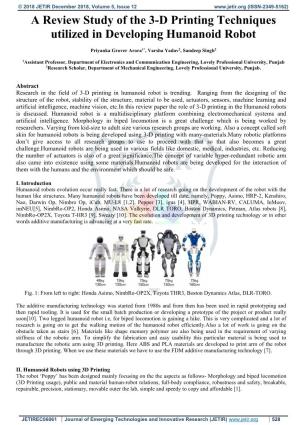 A Review Study of the 3-D Printing Techniques Utilized in Developing Humanoid Robot