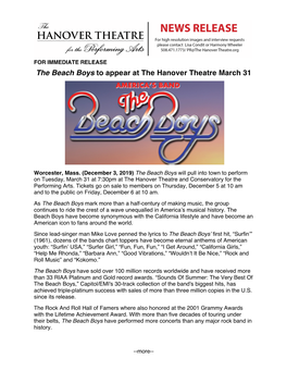 The Beach Boys to Appear at the Hanover Theatre March 31