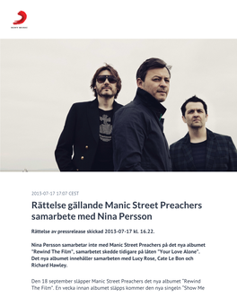 Rättelse Gällande Manic Street Preachers Samarbete Med Nina Persson