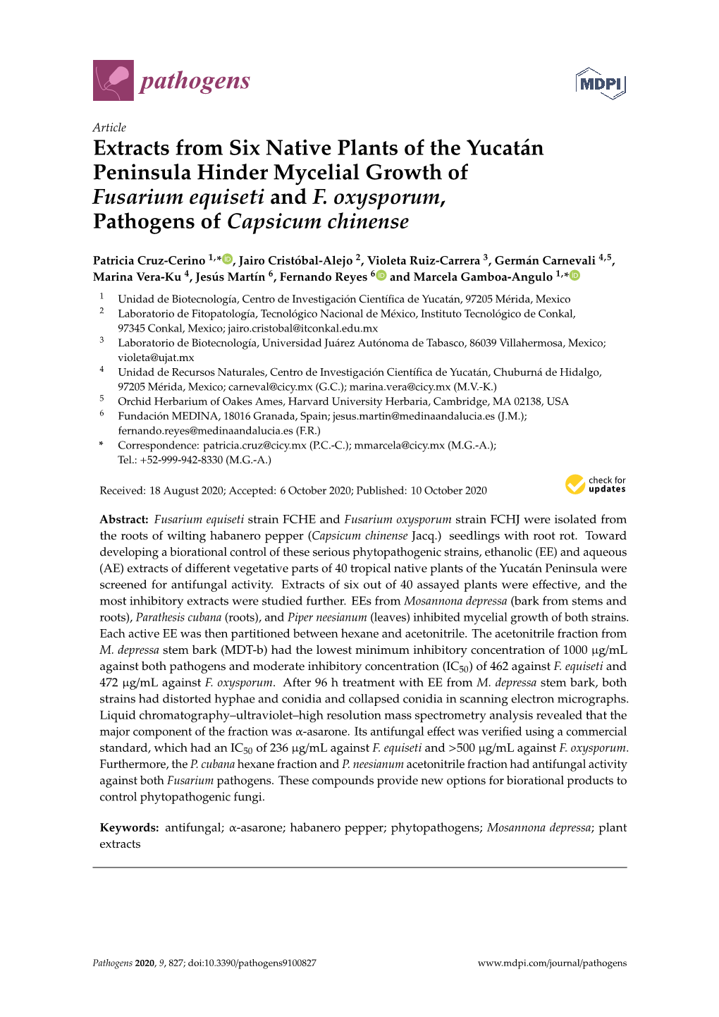 Extracts from Six Native Plants of the Yucatán Peninsula Hinder Mycelial Growth of Fusarium Equiseti and F