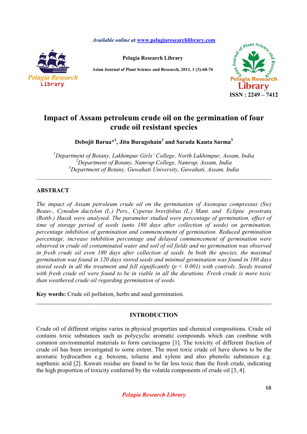 Impact of Assam Petroleum Crude Oil on the Germination of Four Crude Oil Resistant Species