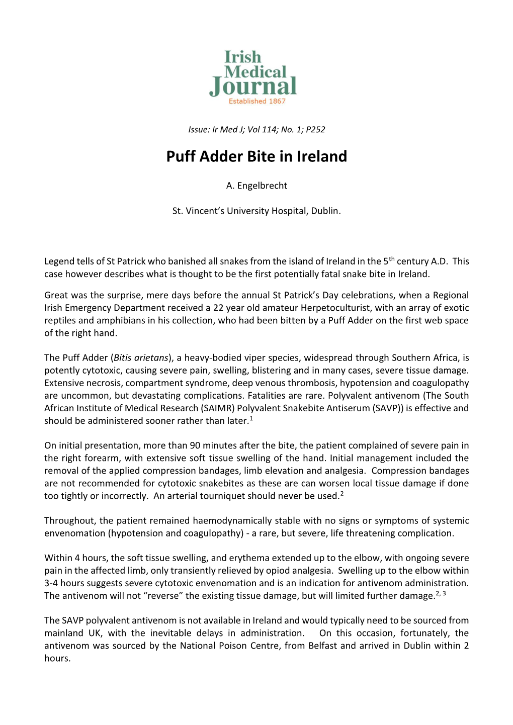 Puff Adder Bite in Ireland