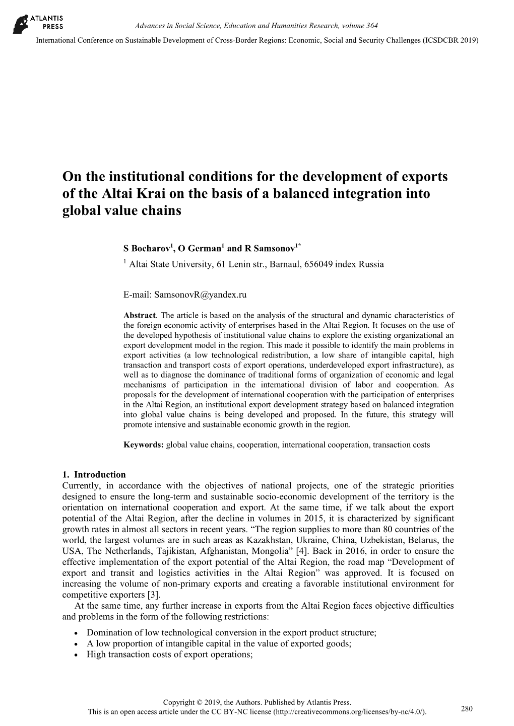 On the Institutional Conditions for the Development of Exports of the Altai Krai on the Basis of a Balanced Integration Into Global Value Chains