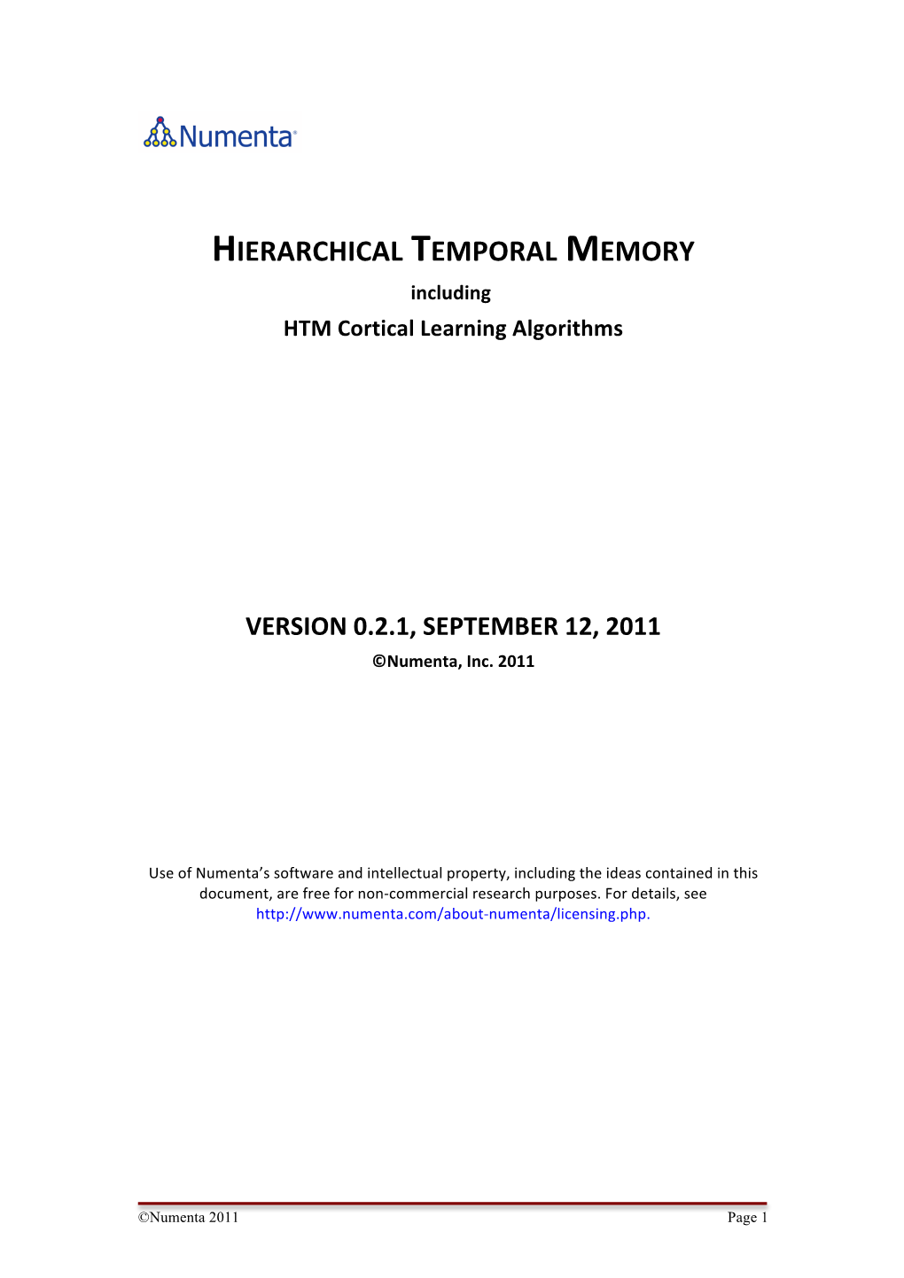 HIERARCHICAL TEMPORAL MEMORY Including HTM Cortical Learning Algorithms