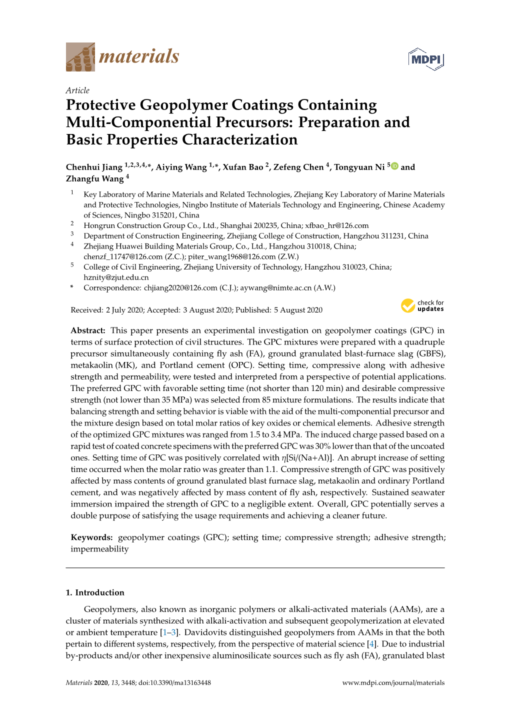 Protective Geopolymer Coatings Containing Multi-Componential Precursors: Preparation and Basic Properties Characterization