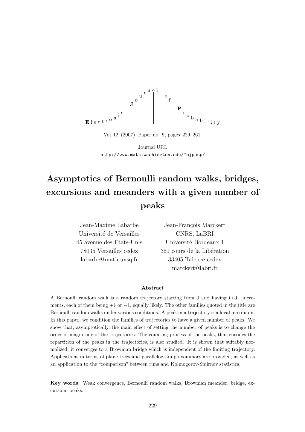 Asymptotics of Bernoulli Random Walks, Bridges, Excursions and Meanders with a Given Number of Peaks